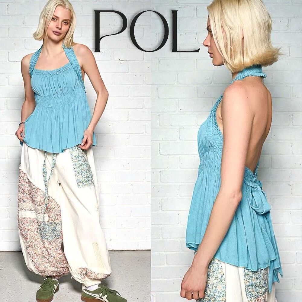 POL Blue Backless Halter Sleeveless Boho Top with Smocking Shirring Detail NEW - Picture 2 of 14